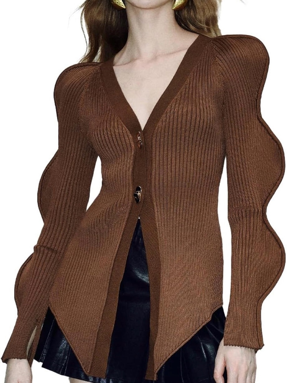 Brown Ribbed V-Neck Buttoned Cardigan with Sculpted Sleeves